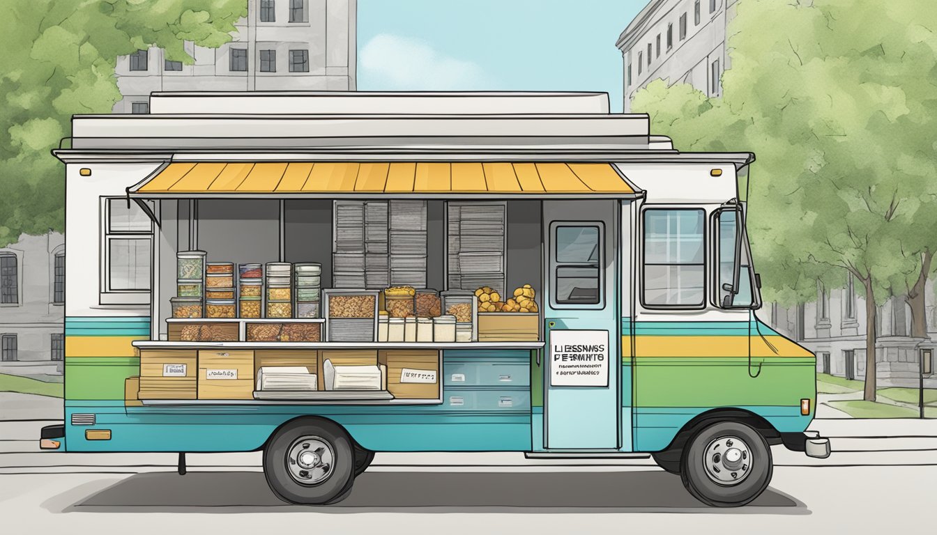 A food truck parked outside a government building, with a stack of paperwork and a sign displaying "Licensing and Permits" in Vermont