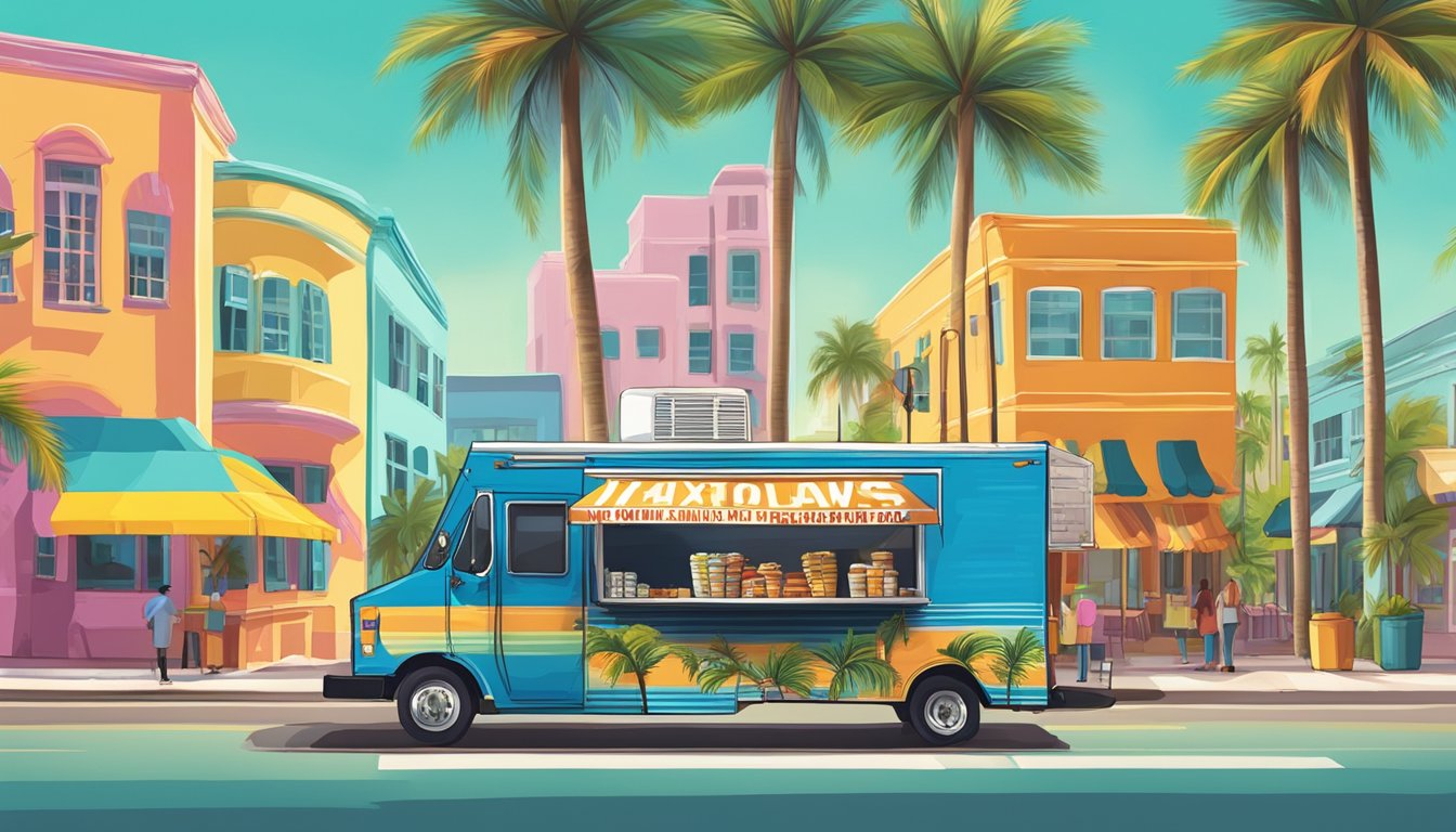 A food truck parked on a Miami street, surrounded by palm trees and colorful buildings. A sign displays "Taxation and Revenue Reporting food truck laws Miami, Florida."