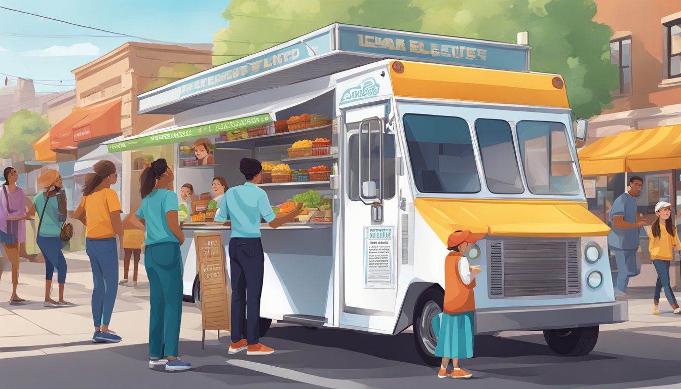 A food truck parked in a bustling Utah street, surrounded by eager customers engaging with the friendly staff and colorful marketing displays