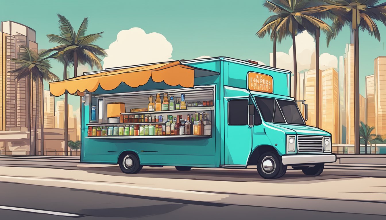 A food truck parked outside with a sign displaying alcohol regulations for Miami, Florida. A cityscape and palm trees in the background