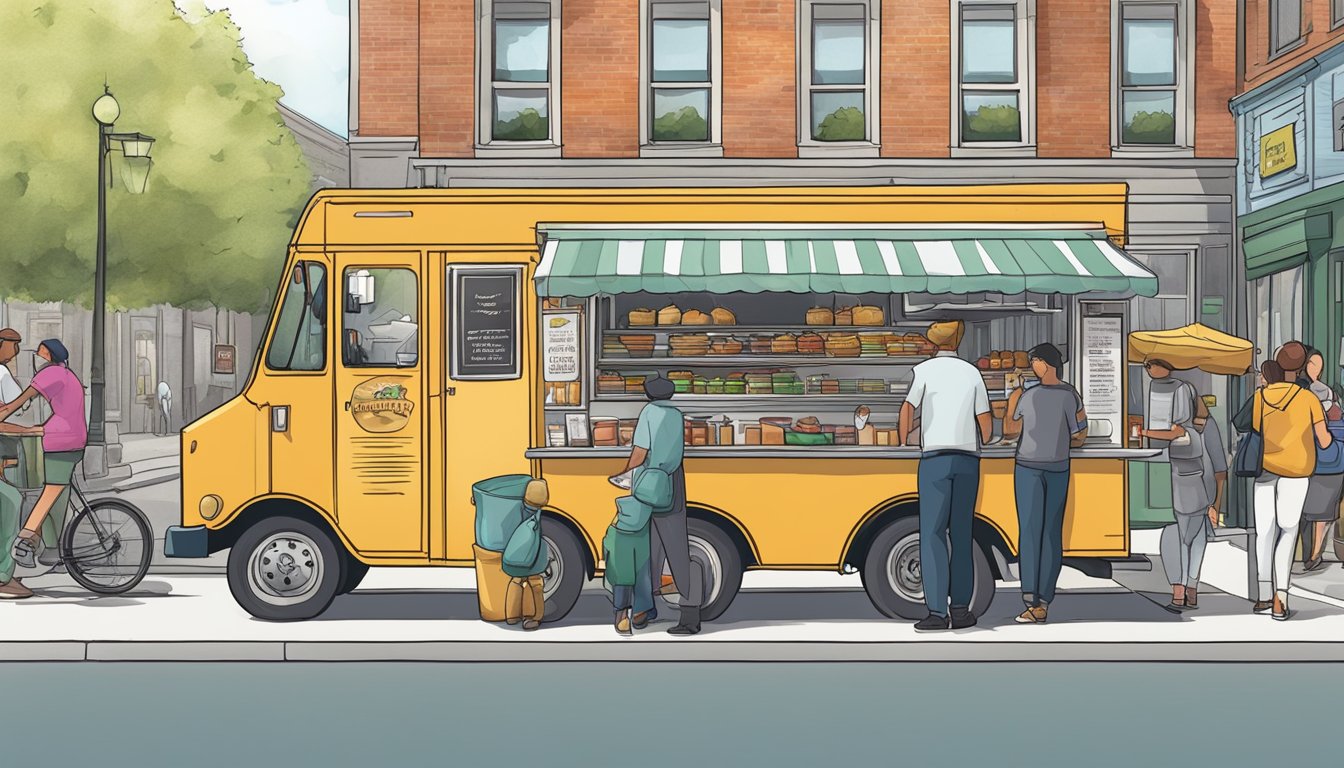 A food truck parked on a bustling street, surrounded by customers and adhering to Vermont's operational guidelines