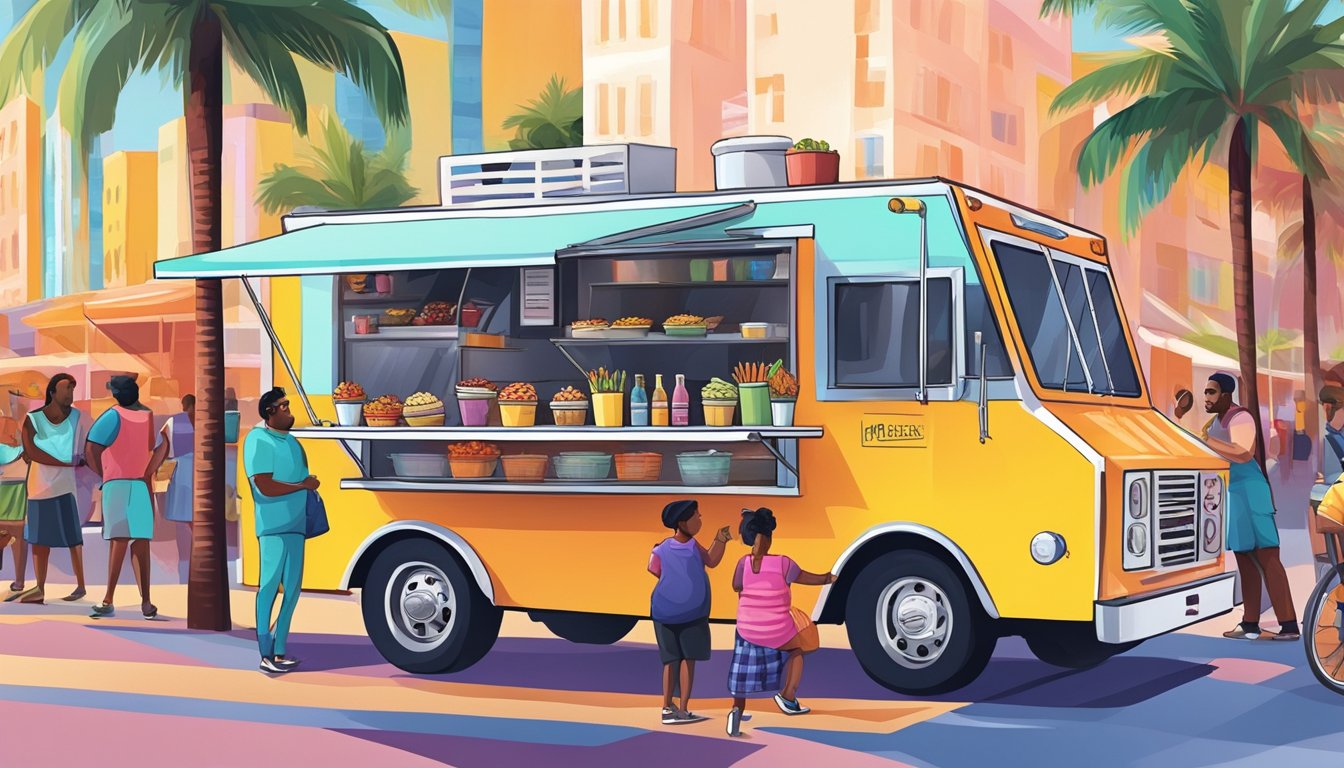 A colorful food truck parked on a bustling Miami street, surrounded by customers and complying with Florida food truck laws