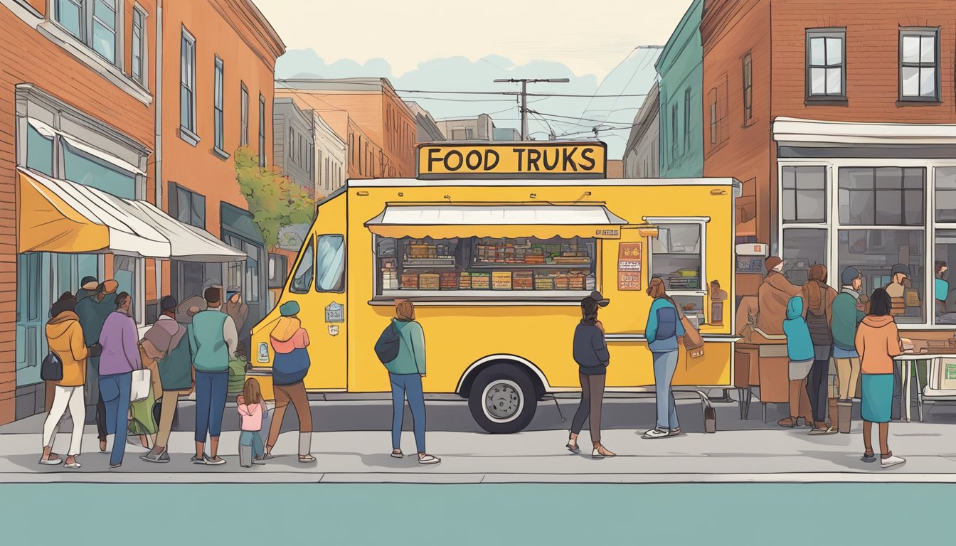 A food truck parked on a bustling street in Vermont, with a small crowd of people lined up to order and a sign displaying the local food truck laws