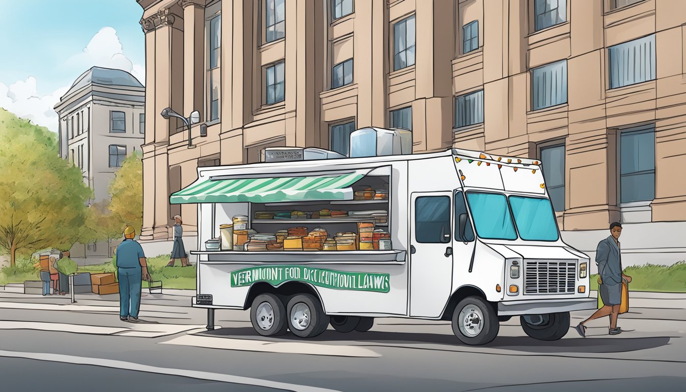 A food truck parked outside a courthouse, with a sign displaying Vermont food truck laws. Legal documents and court proceedings scattered on a nearby table