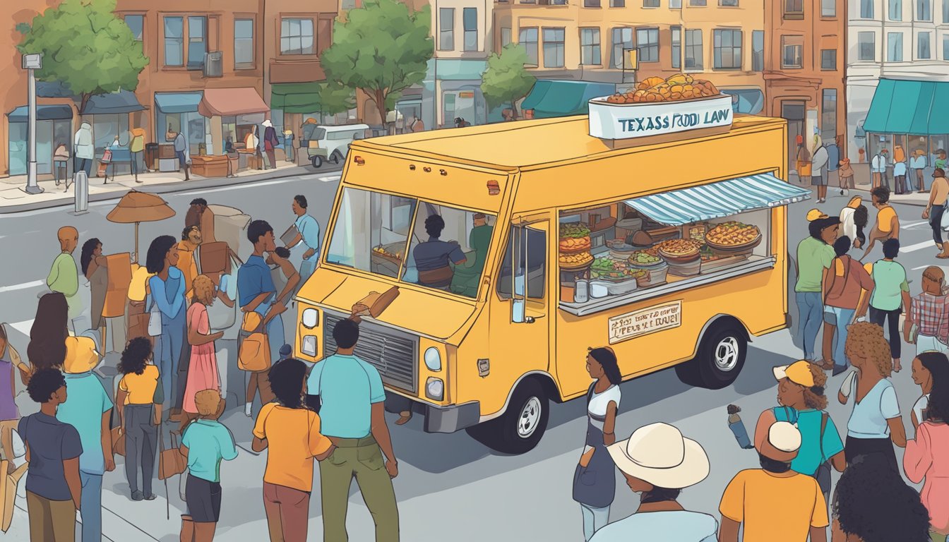 A food truck parked on a bustling street, with a sign displaying "Texas Food Truck Laws" and a group of people gathered around, discussing regulations