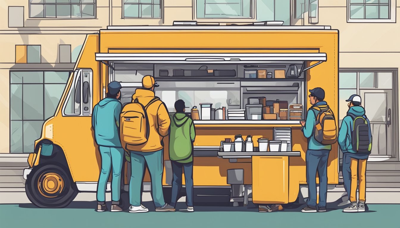 A food truck owner stands in line at a city office, surrounded by other vendors, waiting to obtain required permits and licenses