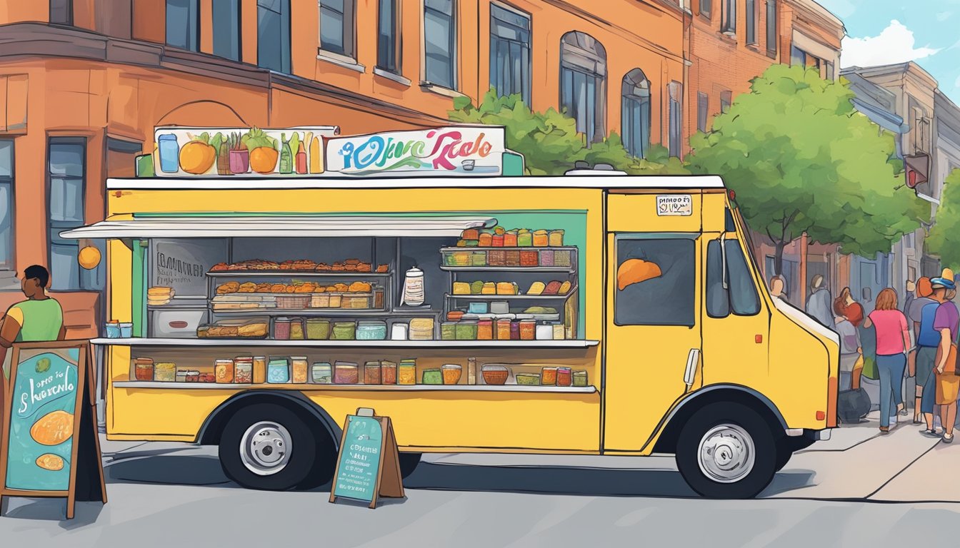 A food truck parked on a bustling street in Providence, Rhode Island, with a line of customers waiting to order. The truck is adorned with colorful signage and the aroma of delicious food fills the air