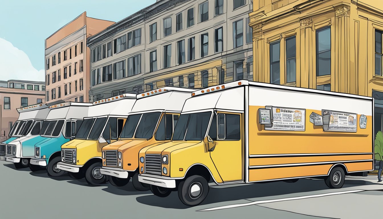 A line of food trucks waiting for inspection by regulatory bodies in Providence, Rhode Island