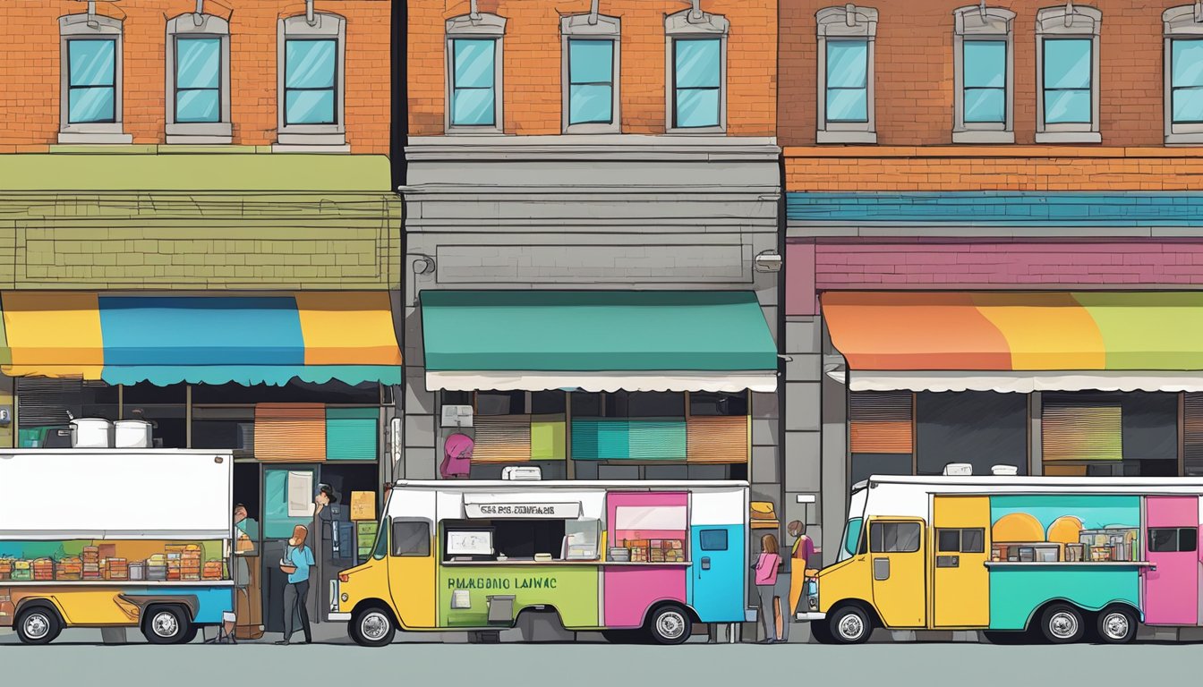 A row of colorful food trucks parked in downtown Omaha, Nebraska, with city officials inspecting permits and enforcing food truck laws