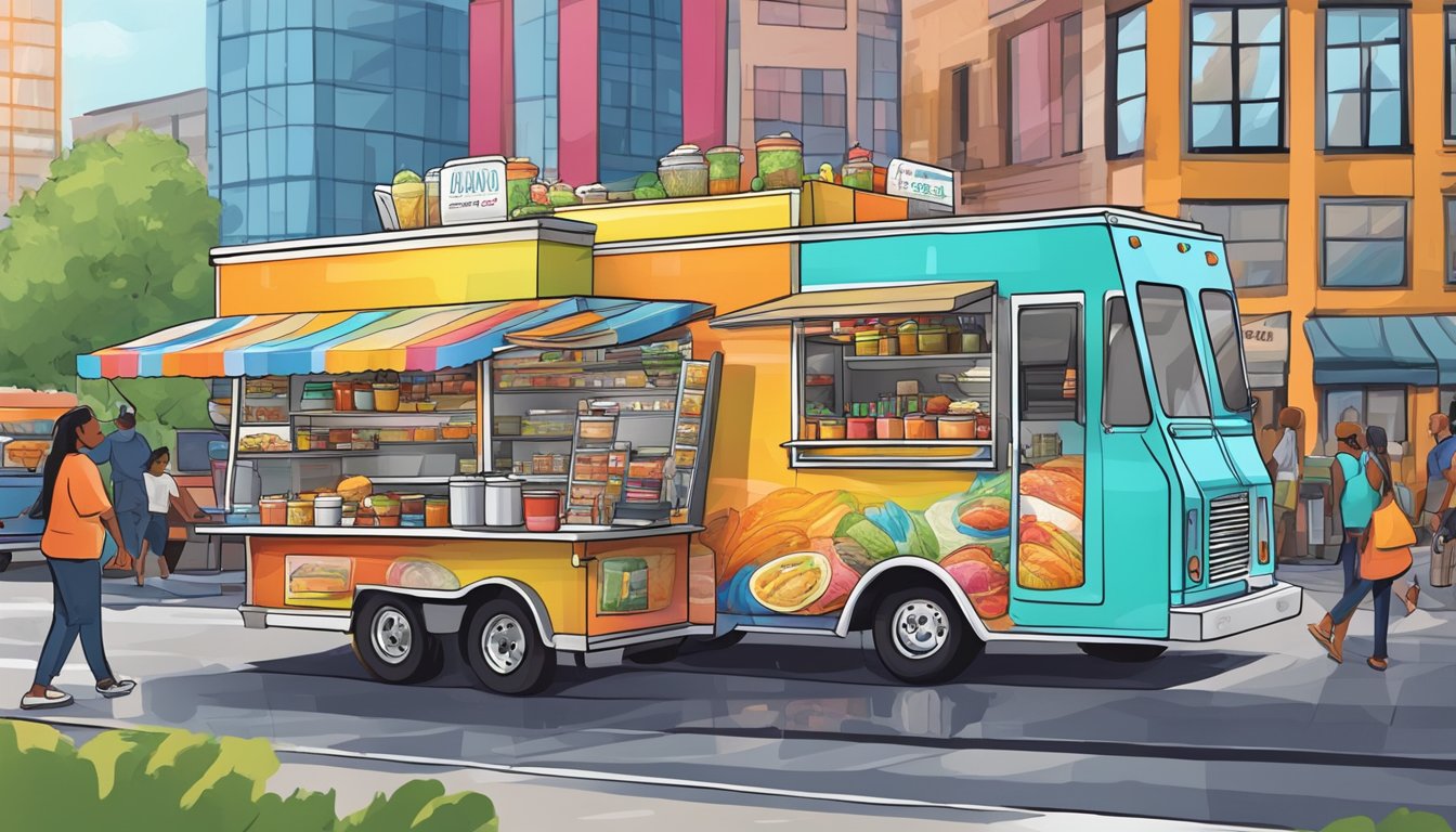 A vibrant food truck parked on a bustling street, displaying colorful graphics and serving customers while adhering to Omaha, Nebraska's food truck laws