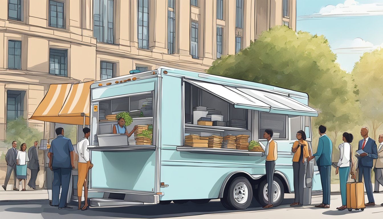 A food truck parked outside a government building, with a stack of legal documents and a group of officials discussing regulations