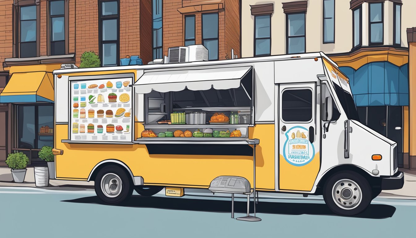 A food truck parked on a city street, displaying insurance and vehicle regulation stickers in Providence, Rhode Island