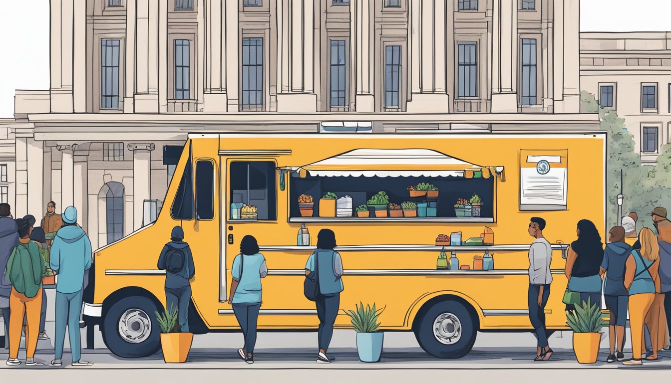 A food truck parked outside city hall with a line of people waiting to speak to officials about marketing and growth laws in Texas