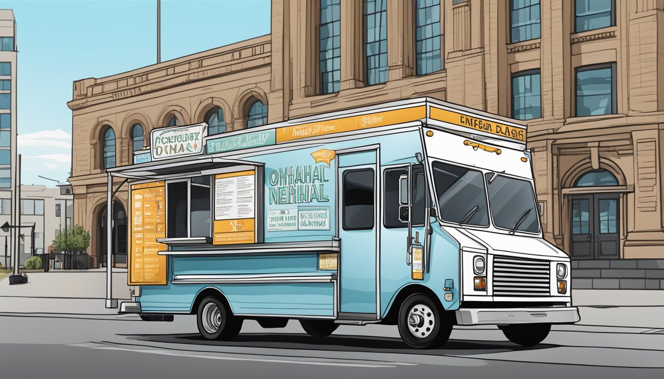 A food truck parked next to a city hall building with regulatory signs and resources in Omaha, Nebraska