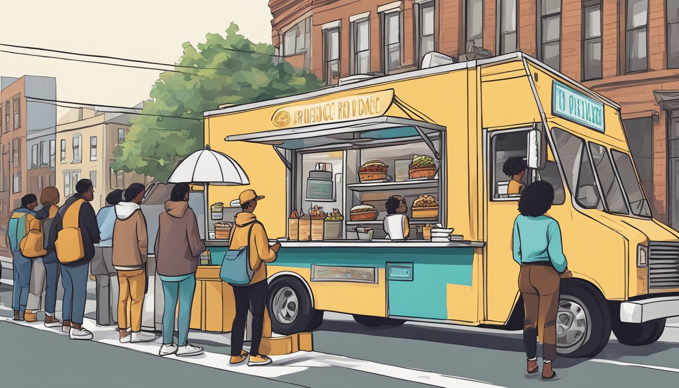 A food truck parked on a city street, with a line of customers waiting to order. A sign displays the food truck laws for Providence, Rhode Island