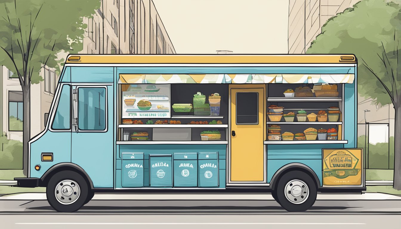 A food truck parked in a designated area with signage displaying Omaha, Nebraska zoning laws