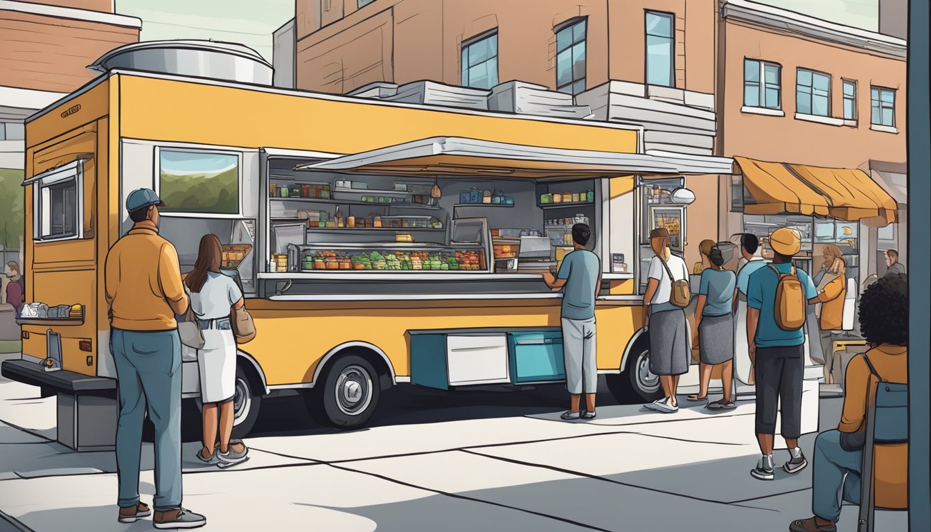 A food truck parked on a bustling street in Omaha, Nebraska, with customers lined up to order and a city official inspecting the truck for compliance with local food truck laws