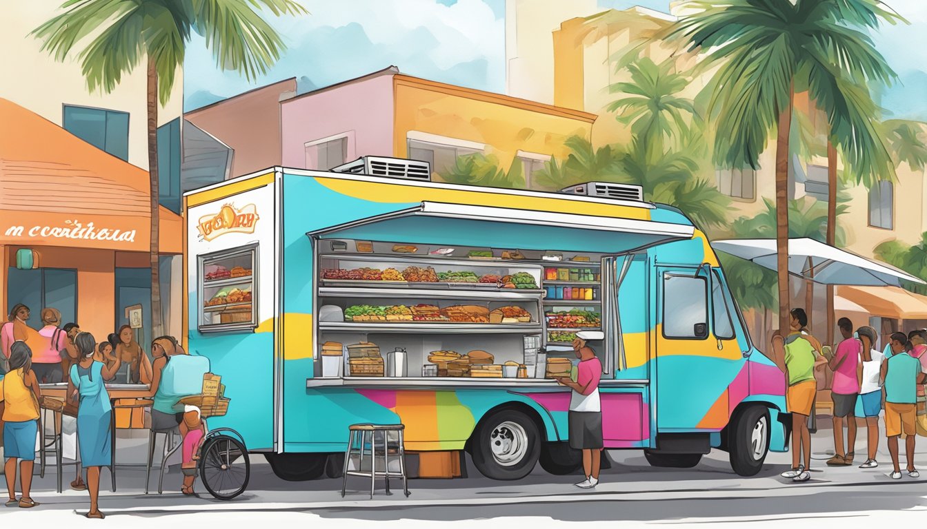 A colorful food truck parked on a bustling street in Fort Lauderdale, with a vibrant menu displayed and customers lined up to order