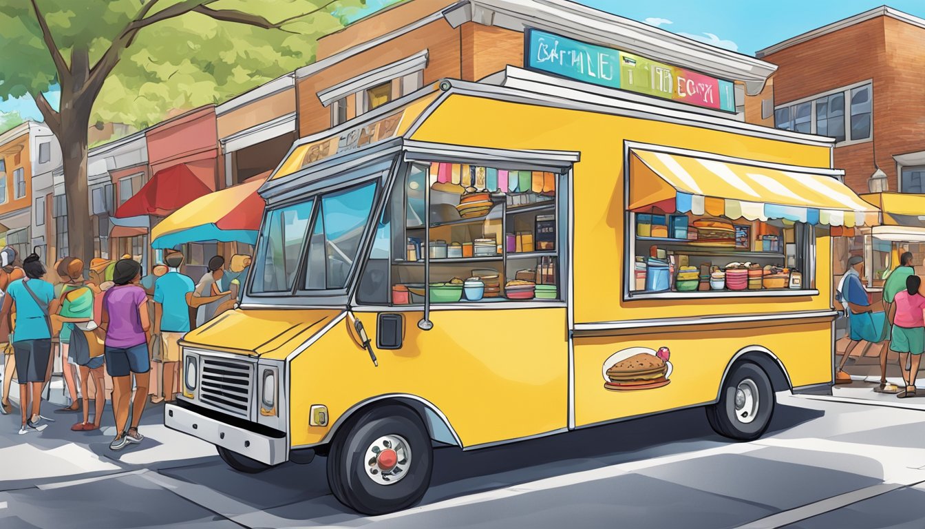 A food truck parked on a bustling street in Cary, North Carolina, surrounded by eager customers and colorful signage