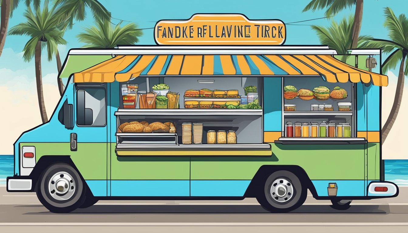 A food truck parked in Fort Lauderdale, Florida, displaying various licenses and permits for regulatory compliance with local food truck laws