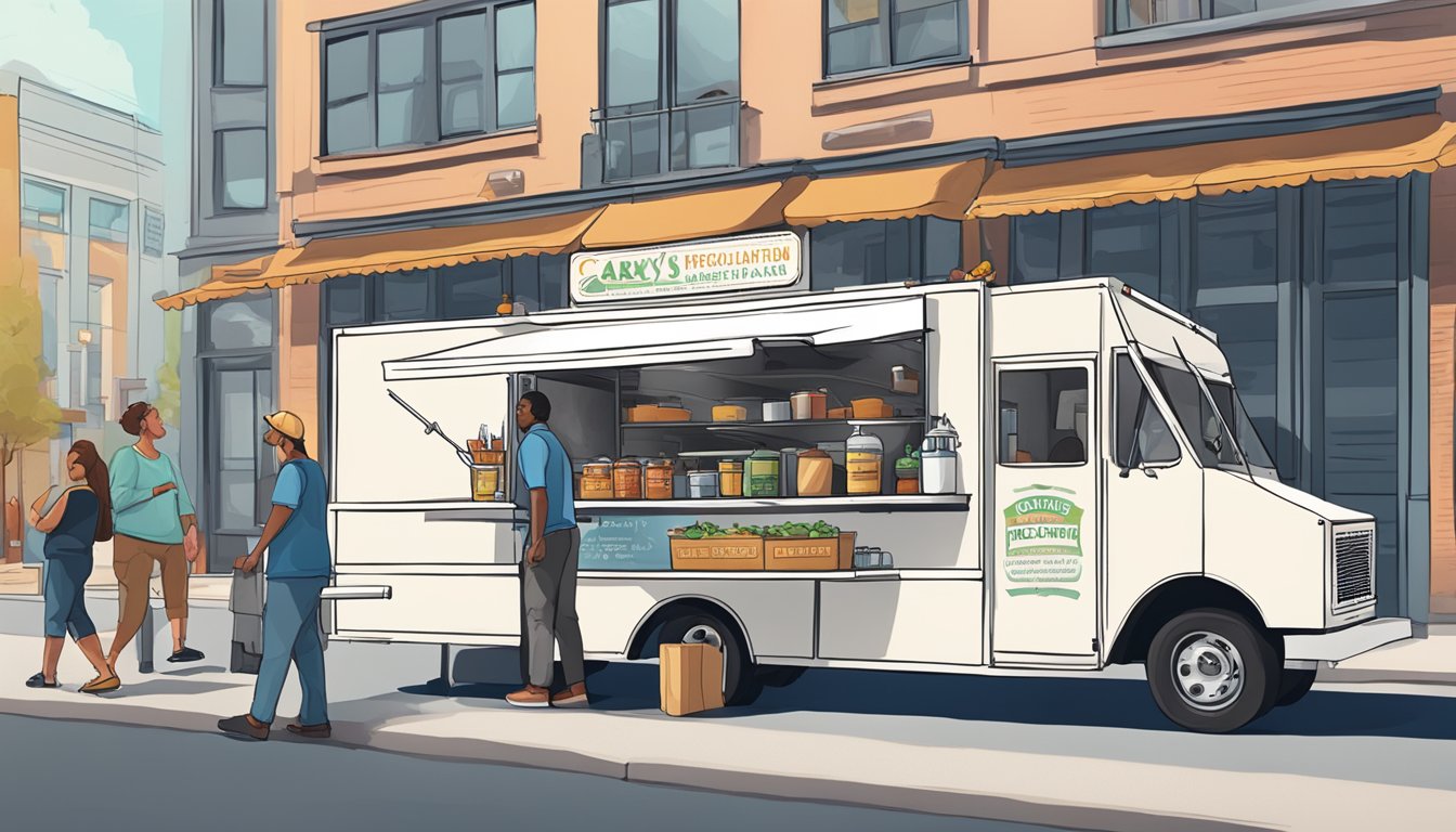 A food truck parked on a city street, with a sign displaying Cary's food truck regulations. People walking by and chatting with the vendor