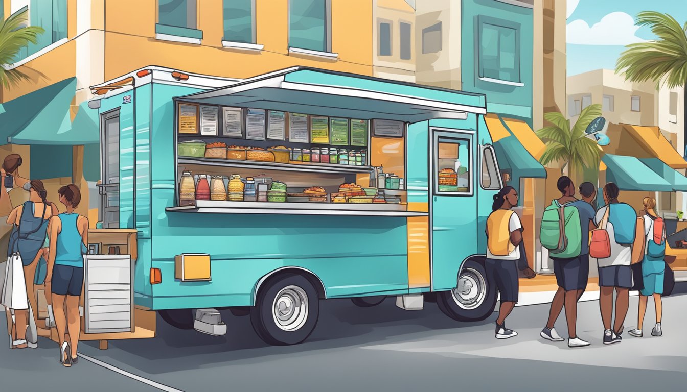 A food truck parked on a busy street in Fort Lauderdale, Florida, with a line of customers waiting to order. The truck displays signage indicating compliance with local food truck laws