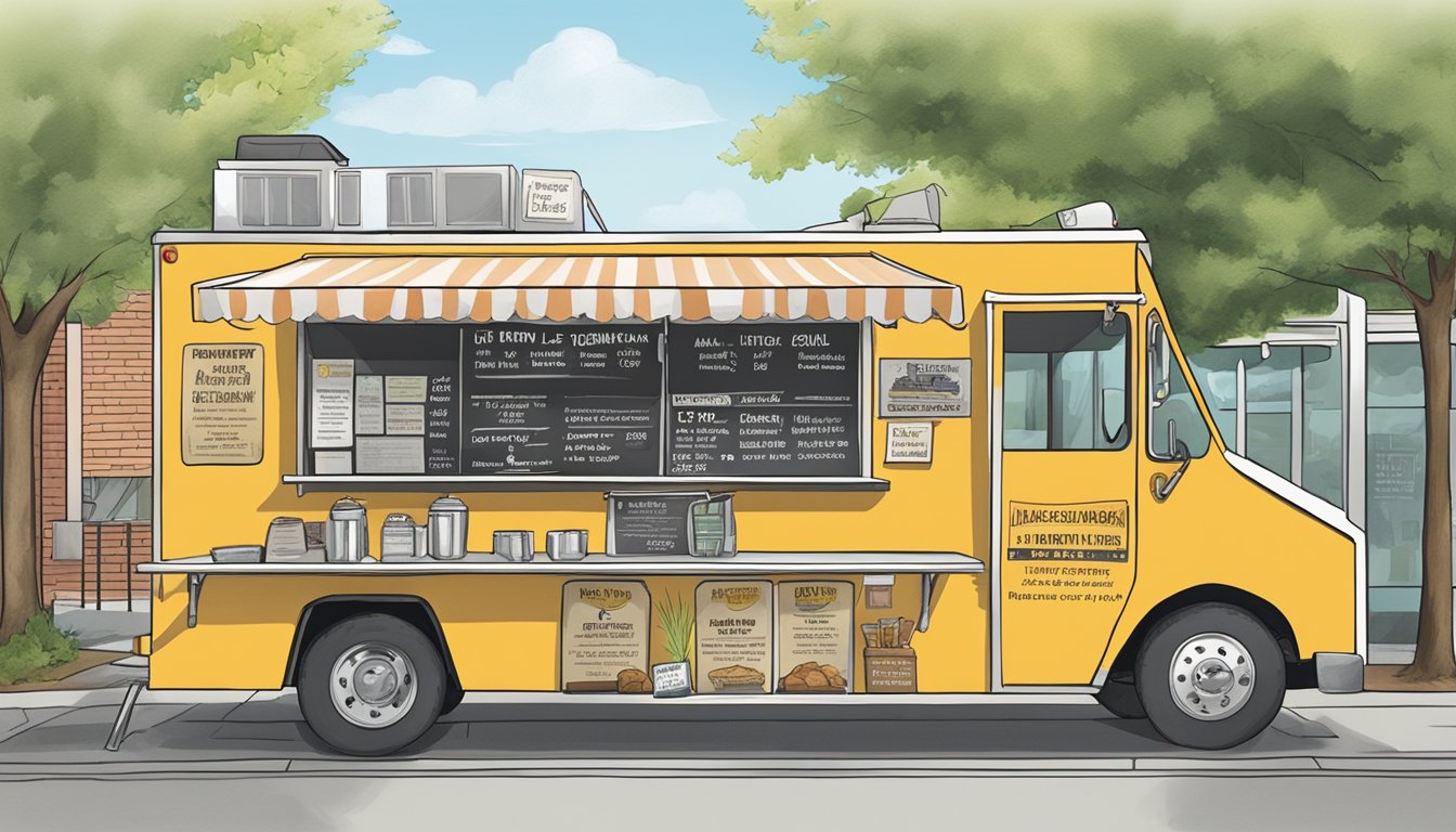 A food truck parked in downtown Cary, North Carolina, with signs displaying insurance and liability information