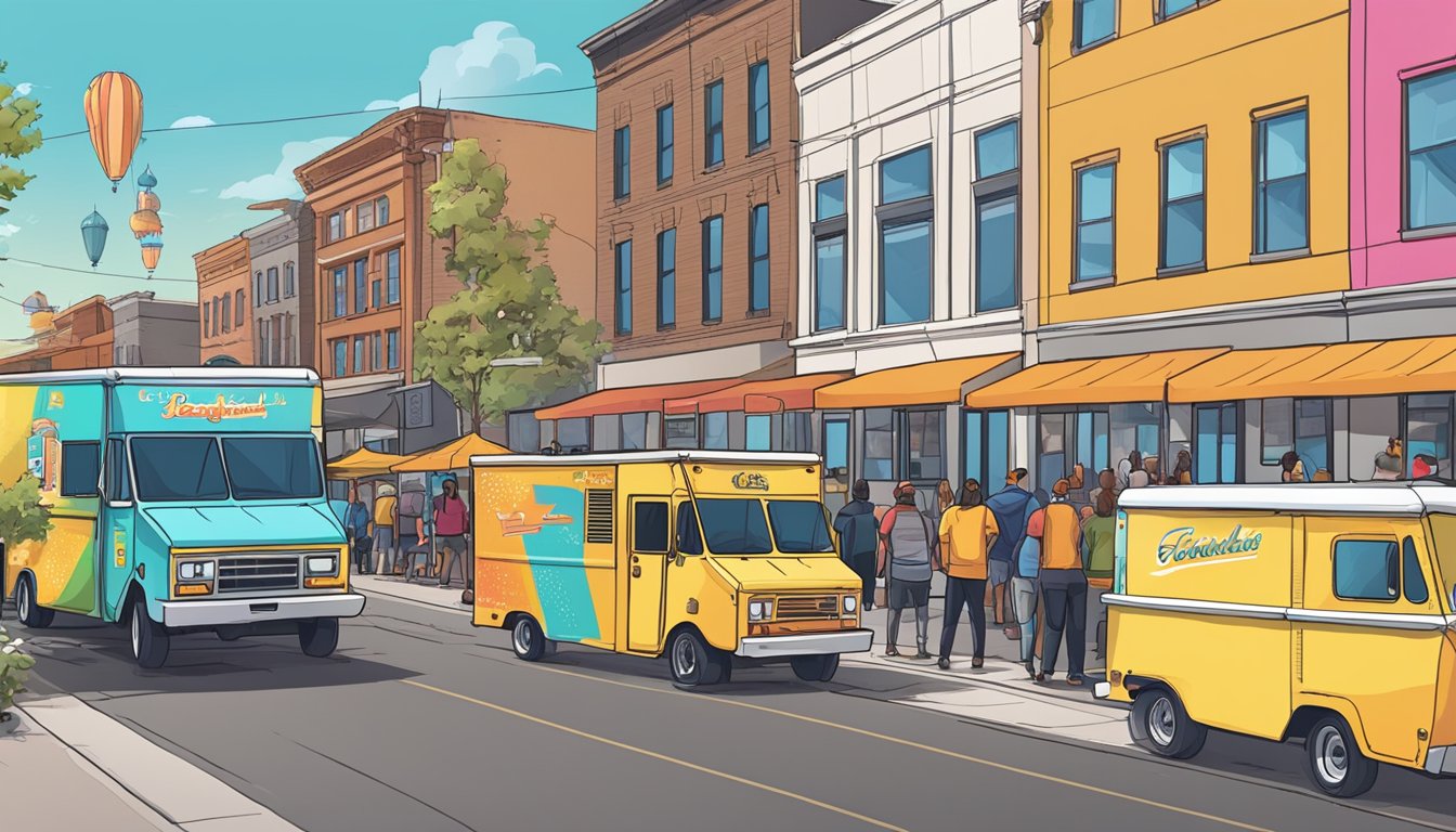 A line of food trucks parked along a city street, with colorful signage and bustling customers in Colorado Springs