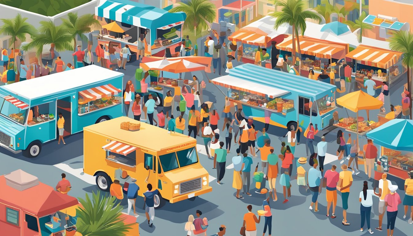 A bustling food truck rally in Fort Lauderdale, Florida, with vendors showcasing their unique marketing and growth strategies amidst the vibrant crowd