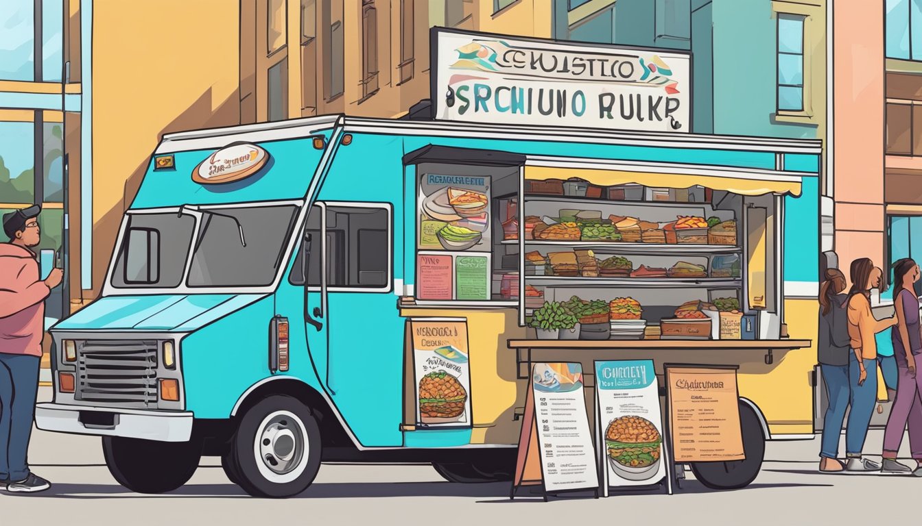 A food truck parked on a busy street in Colorado Springs, with a colorful sign displaying the menu and a line of customers waiting to order