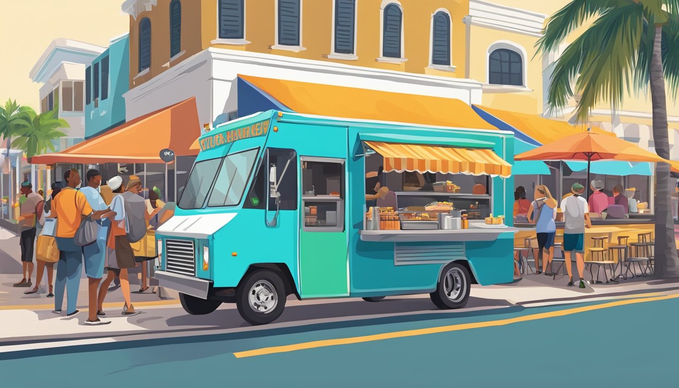 A food truck parked on a bustling street in Fort Lauderdale, Florida, with a line of customers waiting to order, surrounded by colorful signage and outdoor seating