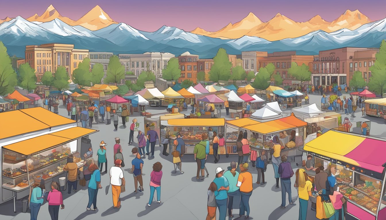 A bustling food truck festival in Colorado Springs, with vendors showcasing their unique dishes and colorful signage, while city officials discuss growth strategies and regulations