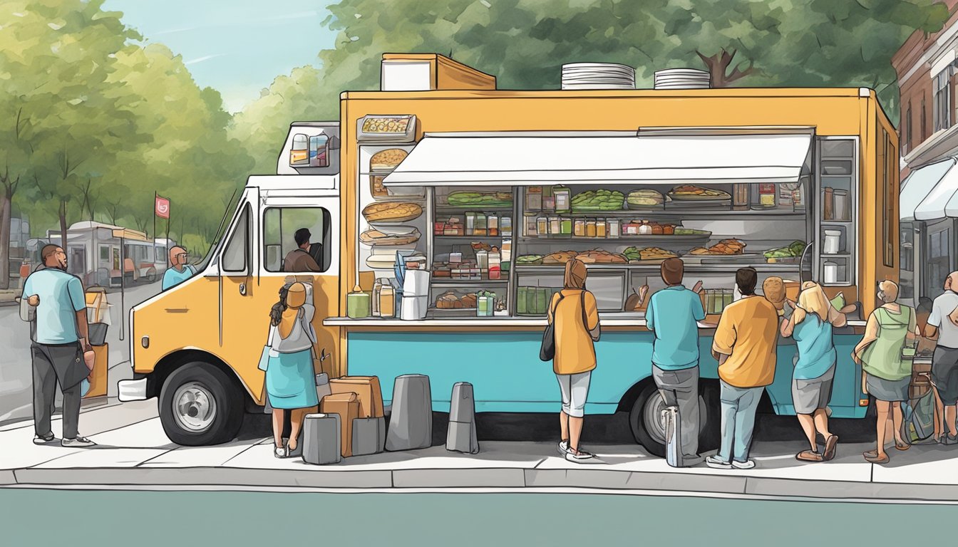 A food truck parked on a bustling street in Cary, North Carolina, with a mix of customers and city officials discussing laws and regulations