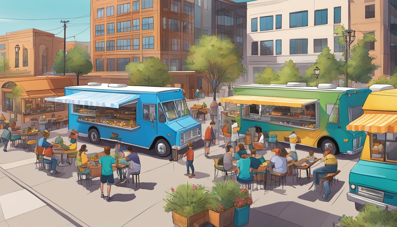 A bustling food truck park in Colorado Springs, with colorful trucks serving up a variety of cuisines, surrounded by customers and shaded seating areas