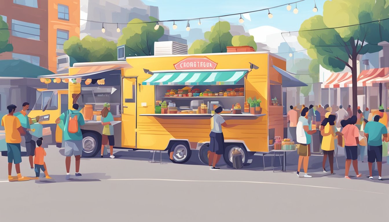 Colorful food trucks line the street, serving a variety of cuisines. Customers gather around, enjoying the lively atmosphere of the community food truck event