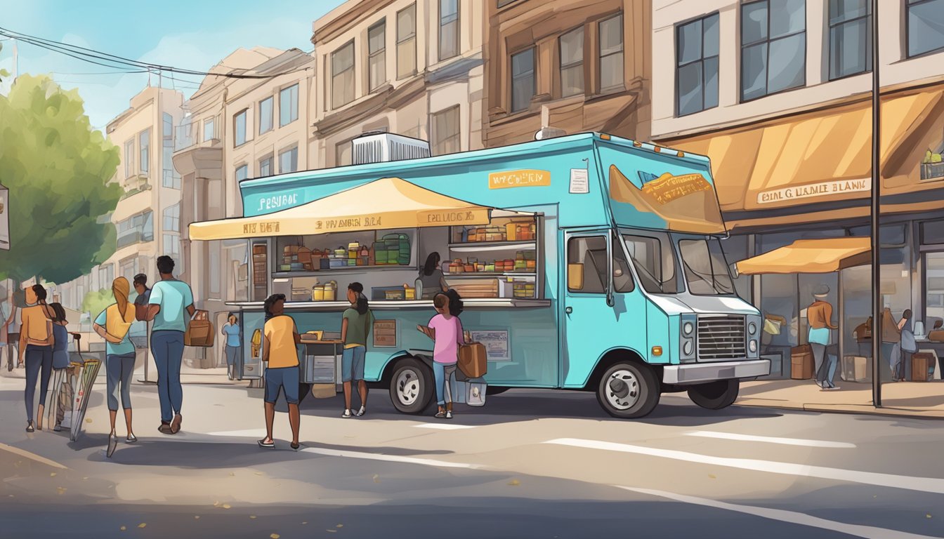 A food truck parked on a city street, surrounded by customers. A sign displays "Glendale Food Truck Laws" in the background