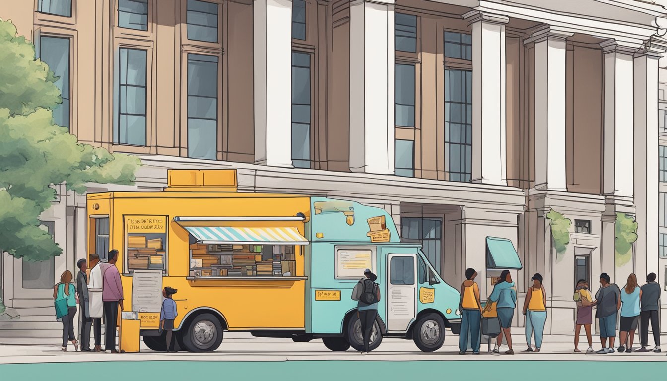 A food truck parked outside city hall with a line of vendors obtaining permits and licenses. A city official stands behind a desk, processing paperwork