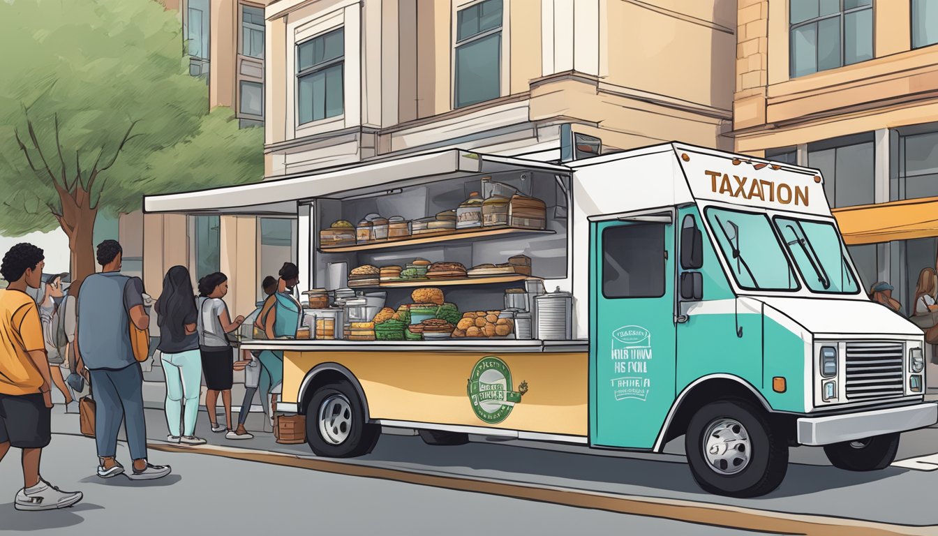 A food truck parked on a city street, surrounded by bustling activity. A sign on the truck displays "Taxation and Identification food truck laws glendale california."