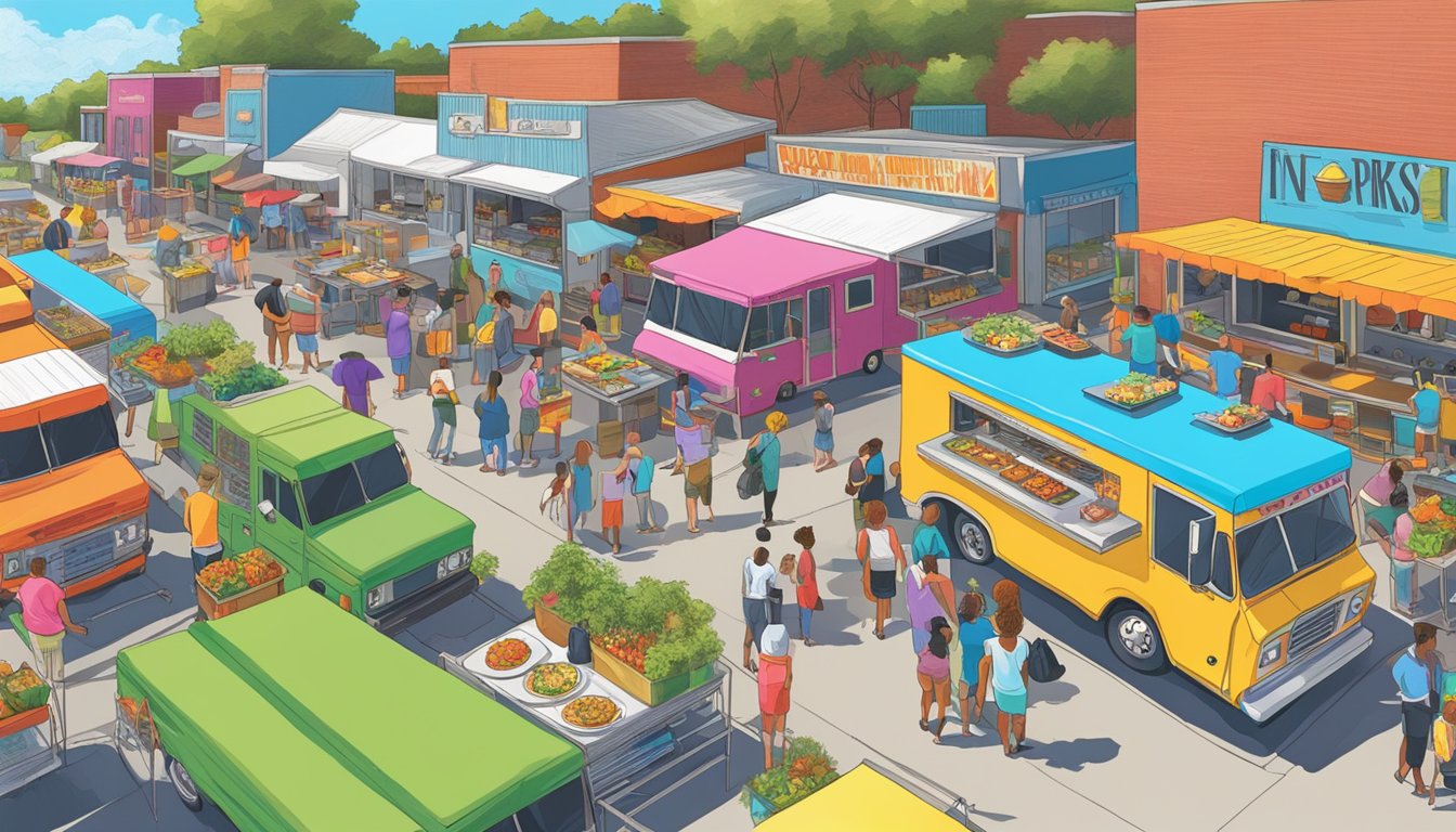 A vibrant food truck park in Newport News, with colorful trucks lined up and customers enjoying a variety of cuisines