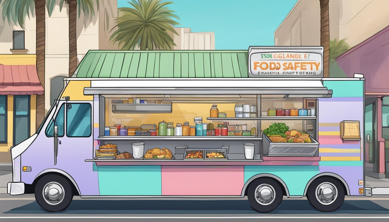 A food truck parked in compliance with Glendale, California laws, with visible food safety measures in place