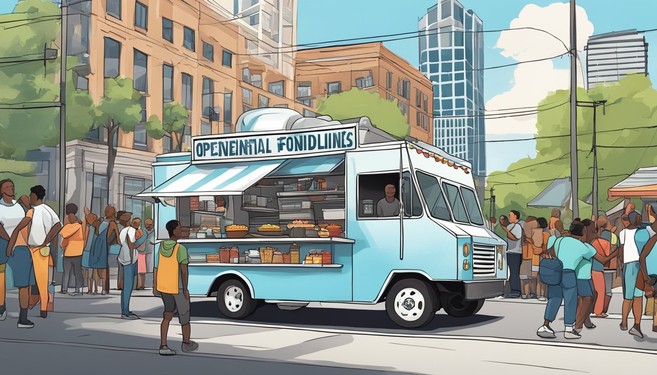 A food truck parked on a city street, surrounded by a bustling crowd, with a sign displaying "Operational Guidelines for Food Trucks" in Atlanta, Georgia