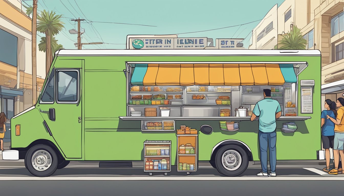 A food truck parked on a bustling street in Glendale, California, with customers lined up and a city official inspecting permits