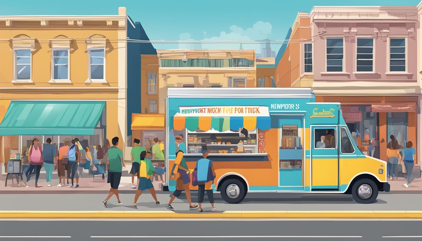 A food truck parked on a city street, surrounded by bustling pedestrians and colorful storefronts, with a sign displaying "Newport News Food Truck Permit" prominently