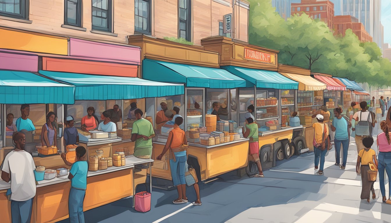 A bustling Atlanta street with food trucks lined up, each following the city's strict laws and regulations. Customers and vendors interact in a vibrant atmosphere