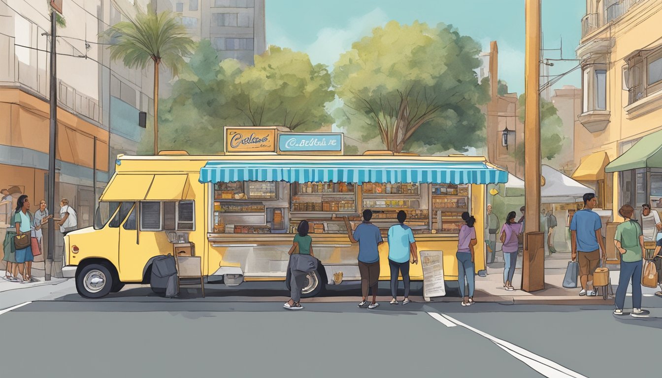 A food truck parked on a bustling Glendale street, with customers engaged in conversation and enjoying the diverse culinary offerings