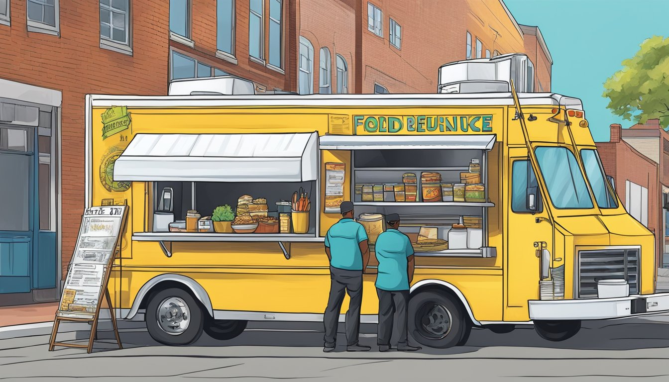 A food truck parked in Newport News, Virginia, with city officials inspecting permits and compliance with local laws