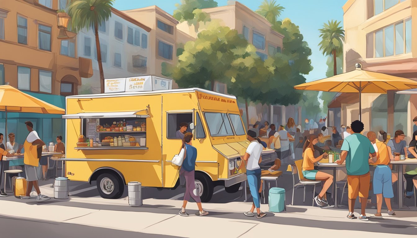 A food truck parked in a bustling Glendale street, surrounded by people enjoying their meals under the California sun