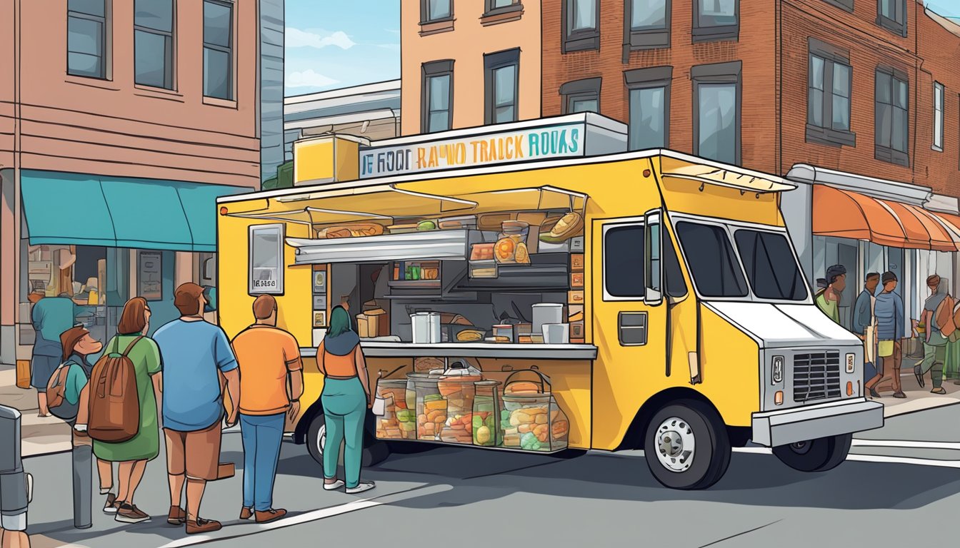 A food truck parked on a city street, surrounded by customers. A sign displays "Newport News, Virginia food truck laws" while the owner handles cash transactions