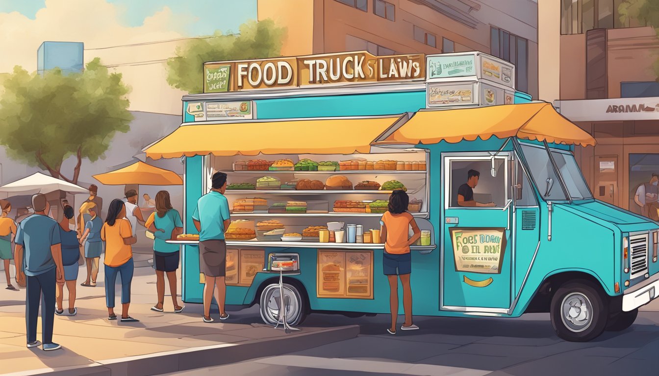 A vibrant food truck parked on a bustling street in Mesa, Arizona, with a sign displaying the city's food truck laws. Customers line up to order while the aroma of sizzling food fills the air