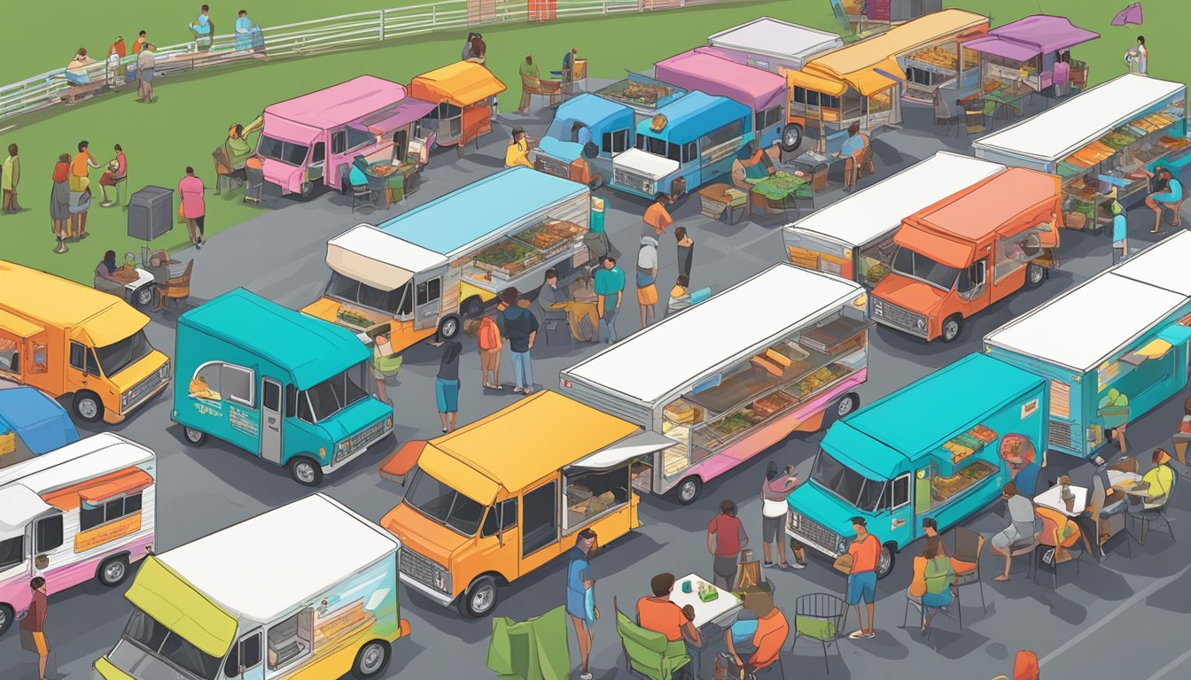 A bustling food truck park in Newport News, Virginia, with colorful trucks lined up and customers enjoying a variety of cuisines